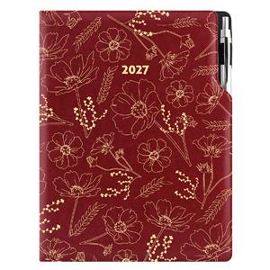Diár DESIGN denný A4 2027 poľský - bordová - kvety