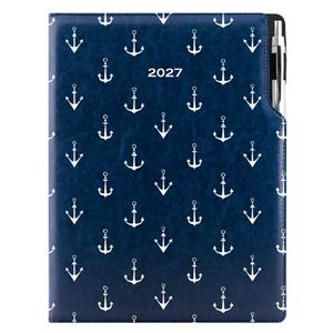 Diár DESIGN denný A4 2027 poľský - modrý - námorník - kotvy