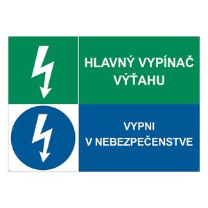 Hlavný vypínač výťahu-Vypni v nebezpečenstve, kombinácia, plast 2mm s dierkami-297x210mm