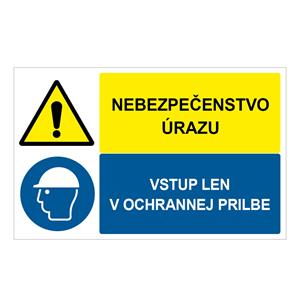 Nebezpečenstvo úrazu-Vstup len v ochrannej prilbe, kombinácia, samolepka 95x60mm