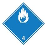 Nebezpečenstvo vytvorenia horľavého plynu pri styku s vodou č.4 biely symbol, samolepka 100x100 mm