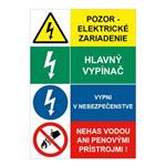 Pozor el.-Hlavný vypínač-Vypni v nebezpečenstve-Nehas vodou, kombinácia,plast 1mm,148x210mm