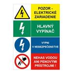 Pozor el. zariadenie-Hlavný vypínač-Vypni v nebezpečenstve-Nehas vodou, kombinácia, samolepka 210x297mm
