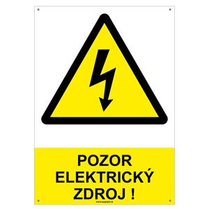 Pozor elektrický zdroj! - bezpečnostná tabuľka s dierkami, plast 2 mm - A4