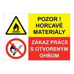 Pozor na horľavé materiály-zákaz práce s otvoreným ohňom, kombinácia, plast 2mm s dierkami-297x210mm