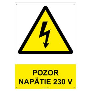 Pozor, napätie 230 V - bezpečnostná tabuľka s dierkami, plast 2 mm - A4