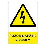 Pozor - napätie 3 x 500 V - bezpečnostná tabuľka s dierkami, plast 2 mm, A4