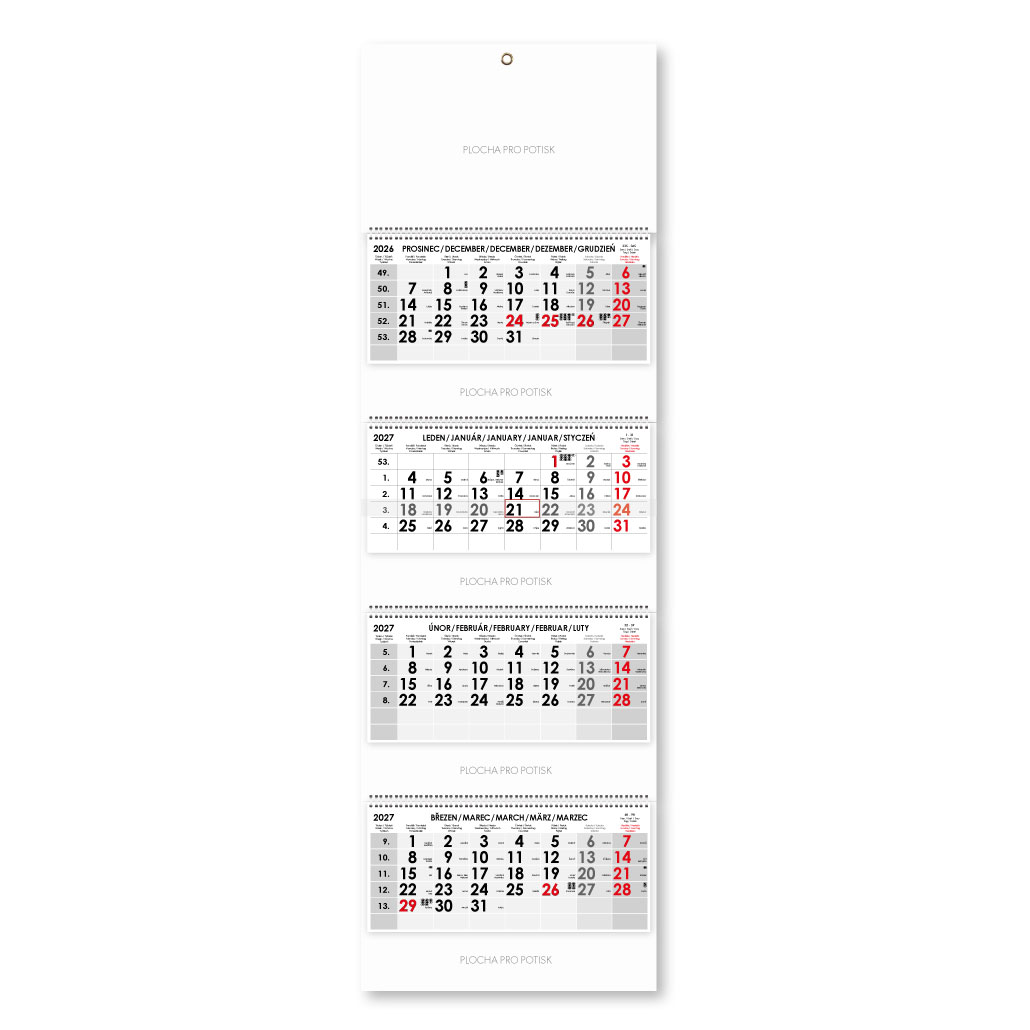 Štvormesačný kalendár Kvatro skládaný český so špirálou 2027 - sivý
