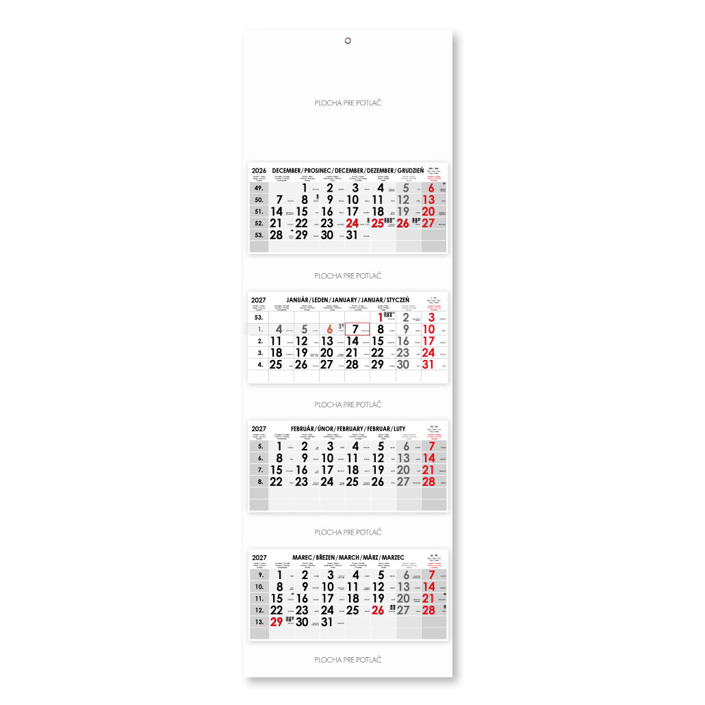 Štvormesačný kalendár Kvatro skládaný slovenský 2027 - sivý