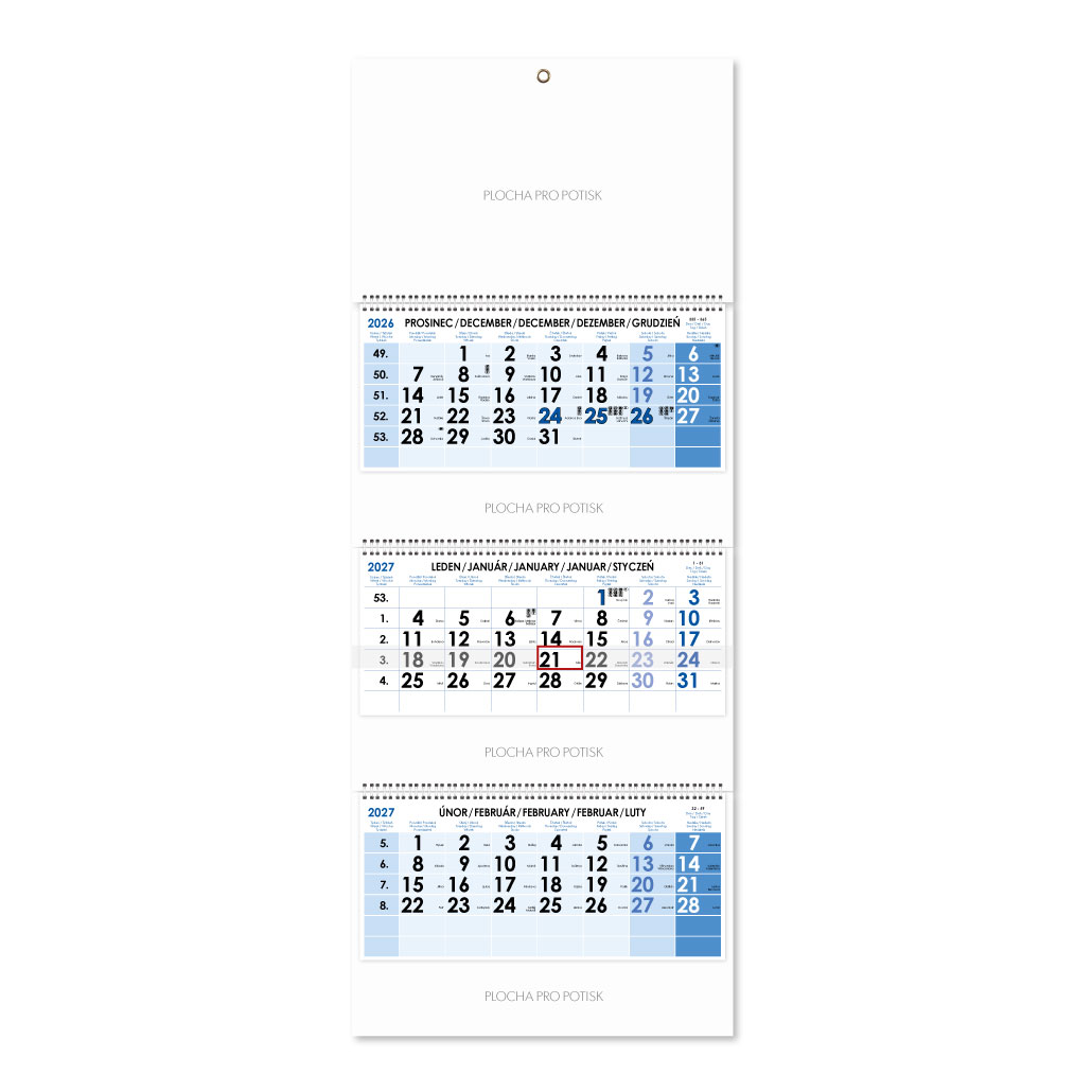 Trojmesačný kalendár Trio skládaný český so špirálou 2027 - modrý