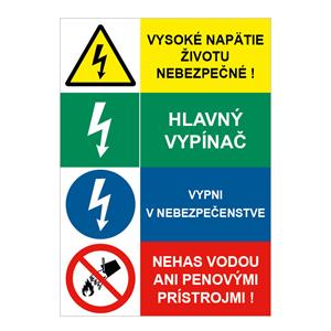 Vysoké napätie-Hlavný vypínač-Vypni v nebezpečenstve-Nehas vodou, kombinácia,plast 1mm,148x210mm