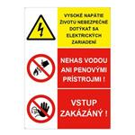 Vysoké napätie-Nehas vodou-Vstup zakázaný, kombinácia, plast 2mm s dierkami-210x297mm