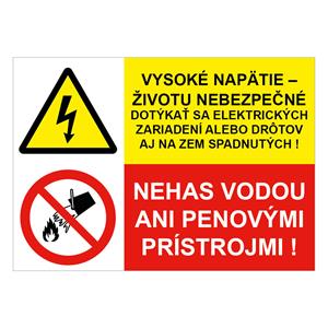 Vysoké napätie-životu nebezpečné alebo drôtov-Nehas vodou, kombinácia,plast 1mm,297x210mm