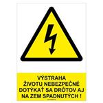 Výstraha, životu nebezpečné dotýkať sa drôtov aj na zem spadnutých! - bezpečnostná tabuľka, plast 0,5 mm - A4