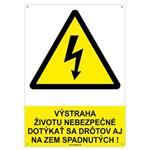 Výstraha, životu nebezpečné dotýkať sa drôtov aj na zem spadnutých! - bezpečnostná tabuľka s dierkami, plast 2 mm - A4